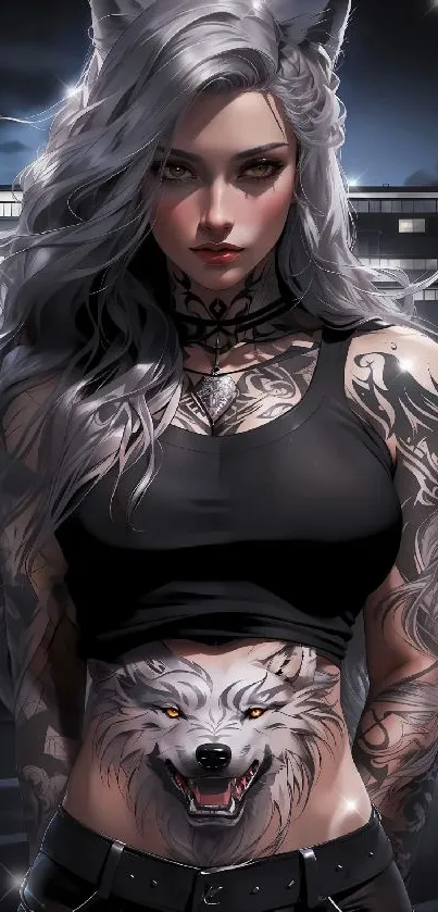 Tattooed anime character with silver hair and dark attire in urban setting.