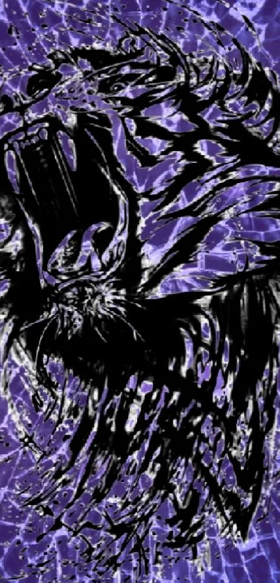 Fierce black tiger on purple shattered glass background wallpaper.