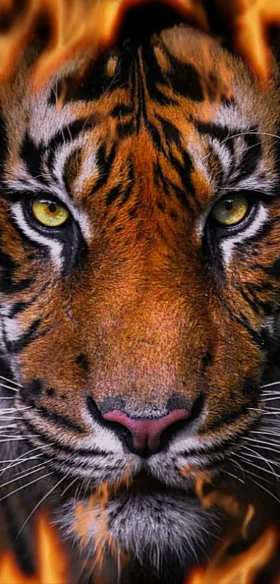 Tiger with fiery eyes surrounded by flames.