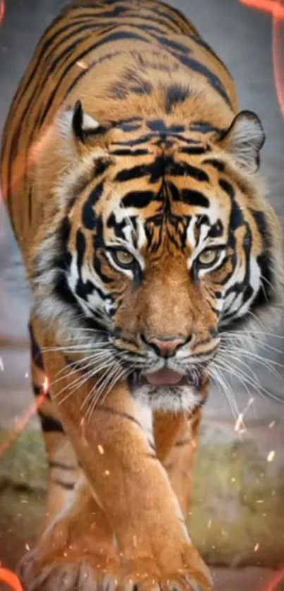 Tiger walking through flames in nature setting.