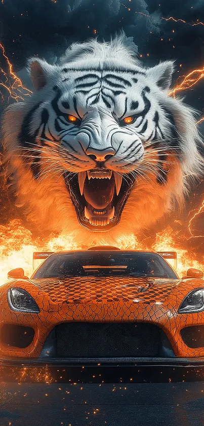 Roaring tiger above fiery sports car with lightning backdrop.