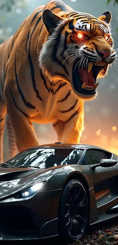 Roaring tiger with glowing eyes next to sleek car in jungle setting wallpaper.