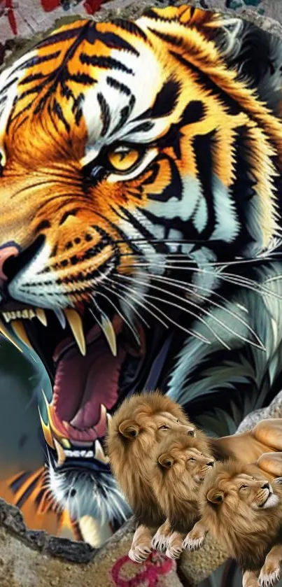 Roaring tiger with lions in vibrant art.