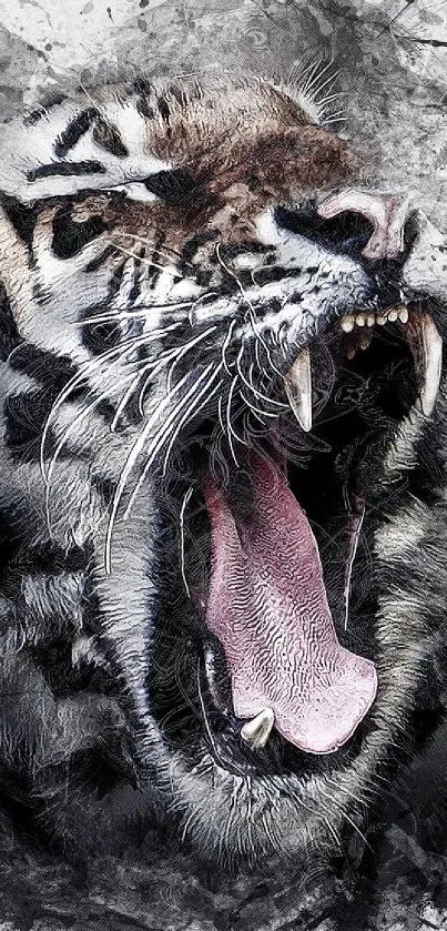 Artistic rendering of a roaring tiger with a grey splash background.