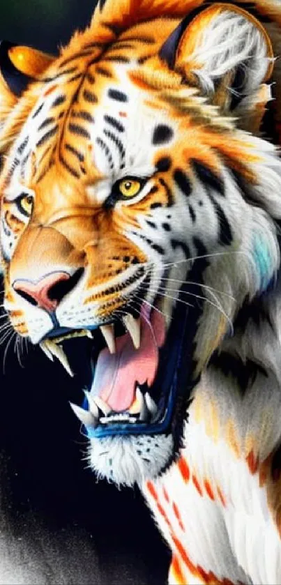 Vibrant and fierce tiger artwork in close-up view, showcasing bold colors.