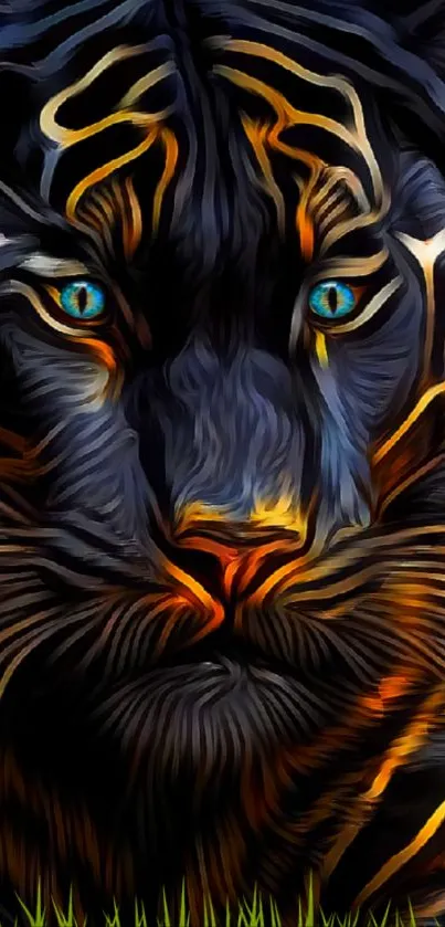 Stunning artistic wallpaper of a fierce tiger with orange stripes and blue eyes.