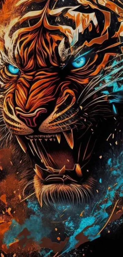 Fierce tiger art wallpaper with vibrant orange and blue hues, perfect for mobiles.