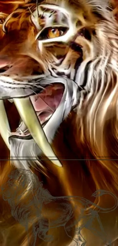 Roaring tiger wallpaper with vibrant colors and artistic details.