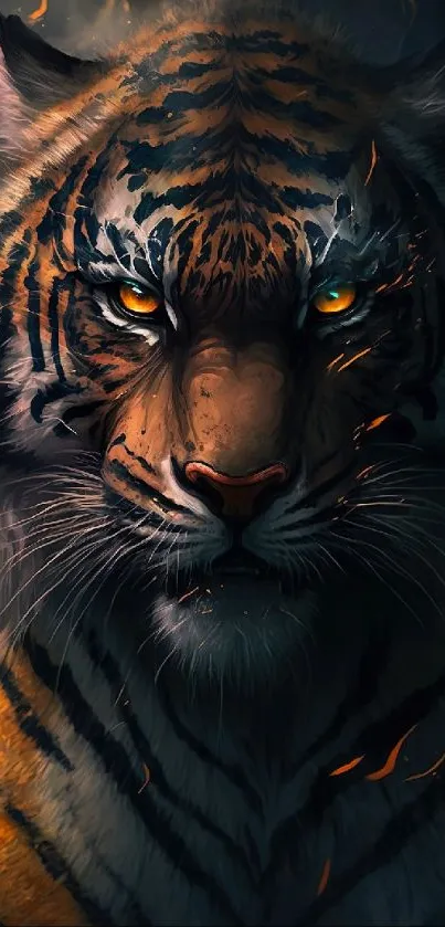 Fierce tiger with glowing eyes and fiery accents in a detailed illustration.