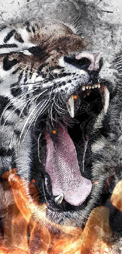 Fierce tiger head in splattered ink design wallpaper.