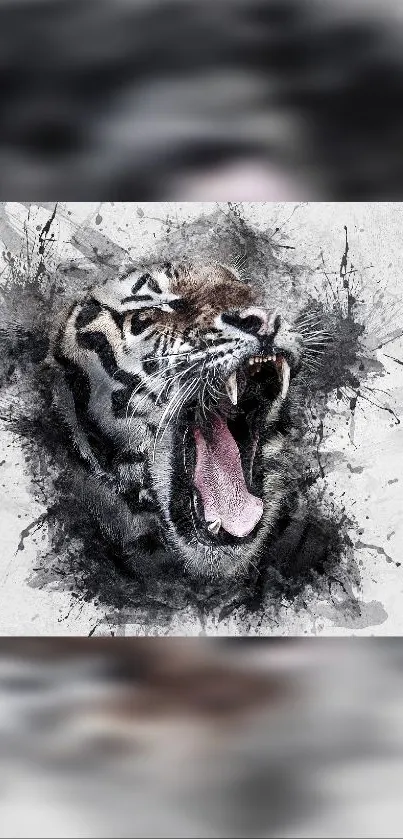 Fierce roaring tiger in black and white art style wallpaper.