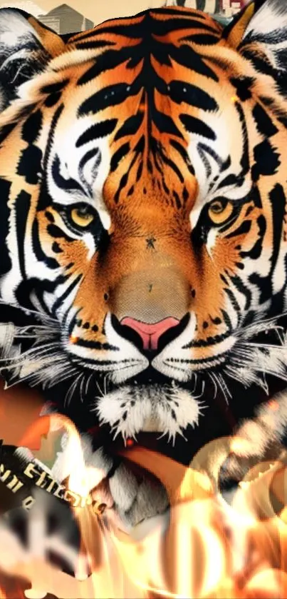 Illustrated tiger face on a fiery art background.