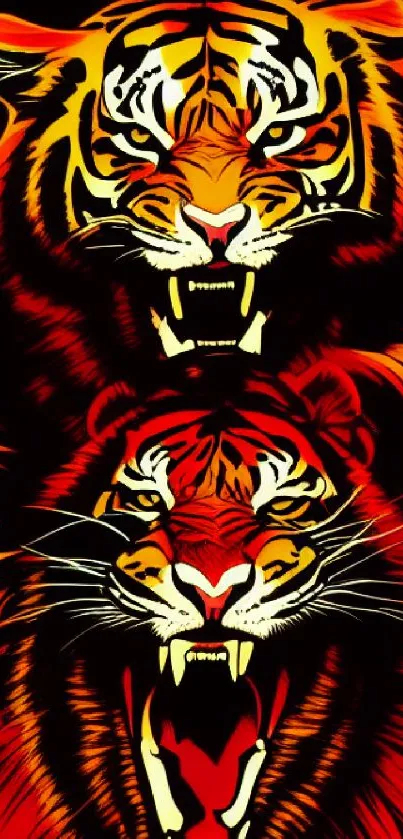 Fierce tiger artwork in red and orange hues on black background.