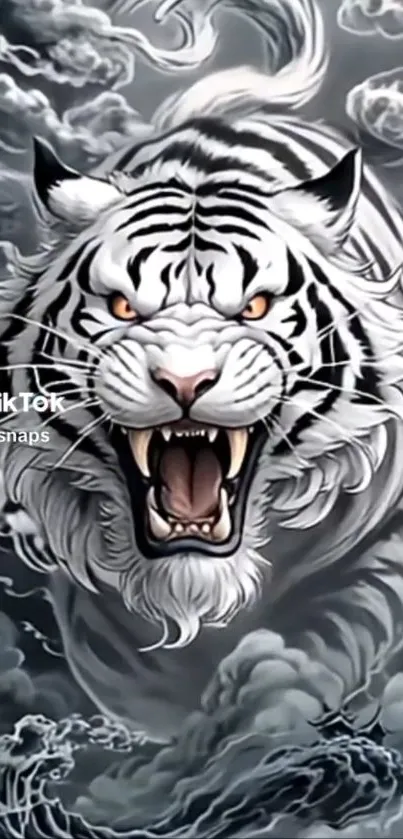 Roaring white tiger amidst swirling clouds wallpaper.