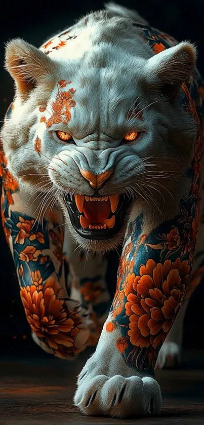 White tiger with tattoos in fierce pose digital art.