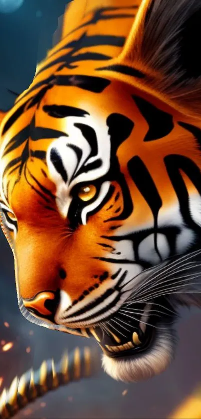 Artistic wallpaper of a fierce tiger with vibrant orange and striking details.