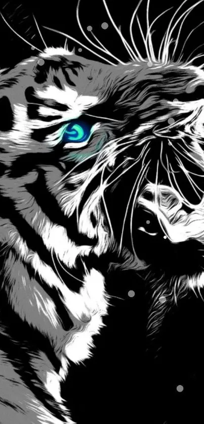 Artistic black and white tiger illustration with blue eyes for mobile wallpaper.