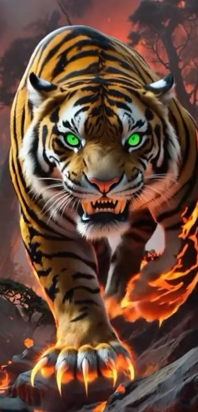 Fiery tiger with glowing eyes amidst blazing landscape.