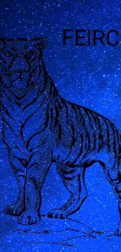 Fierce tiger sketch on a blue starry background.
