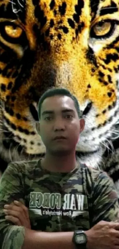 Fierce tiger with person in camouflage; bold mobile wallpaper.