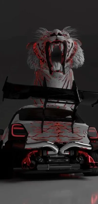 Fierce tiger emerging from a sports car in stylish, dark-themed wallpaper.