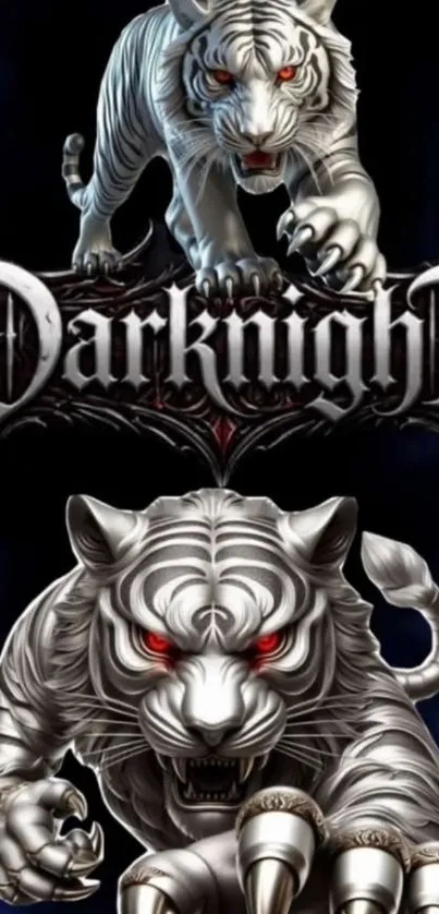 Fierce white tigers on Darknight themed wallpaper.