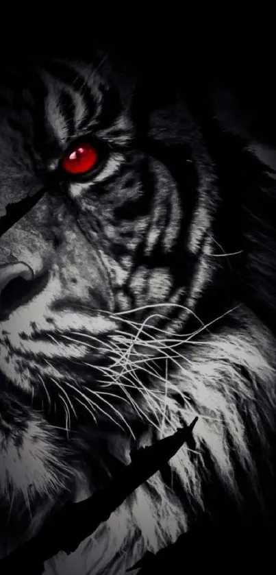 Tiger wallpaper with striking red eye and dark background.