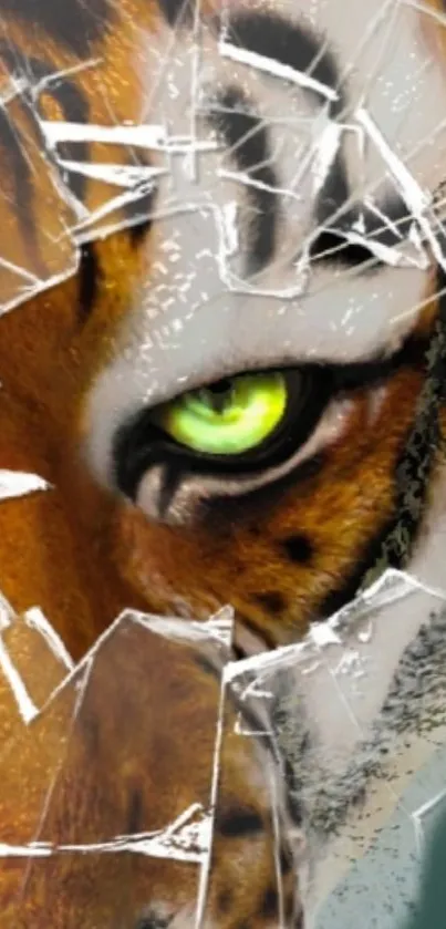 Close-up of a tiger's eye behind shattered glass in a vivid mobile wallpaper.