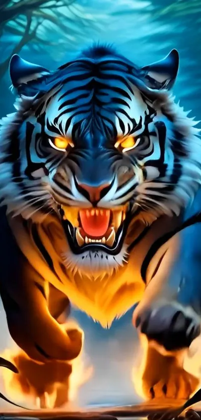 Fierce tiger in a mystical forest with glowing eyes.