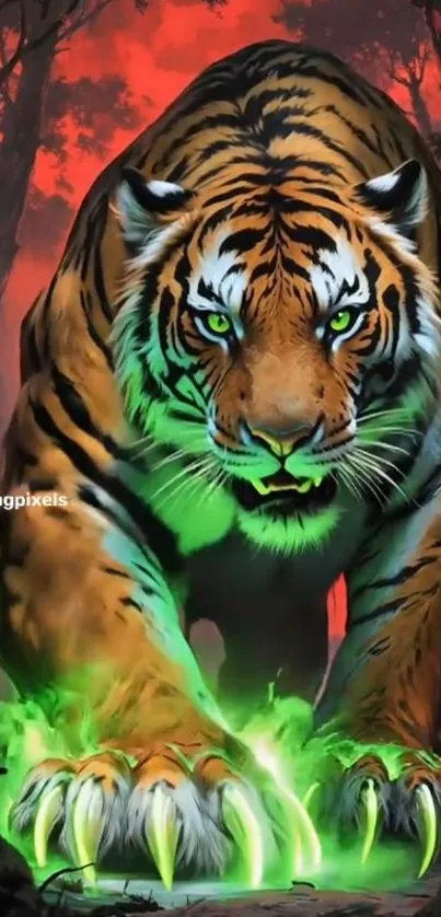 Fierce tiger with glowing green claws in a dark forest.