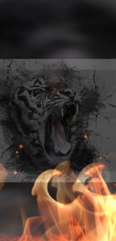 Roaring tiger on black background with fiery flames at the bottom.