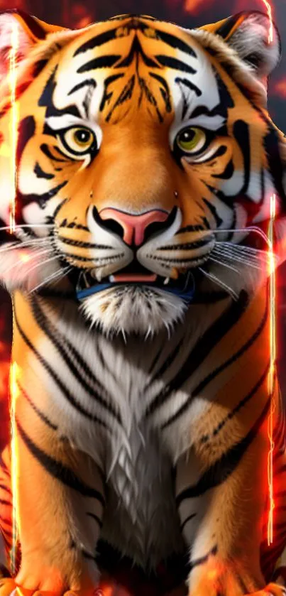 Fierce tiger surrounded by vibrant flames in detailed mobile wallpaper.