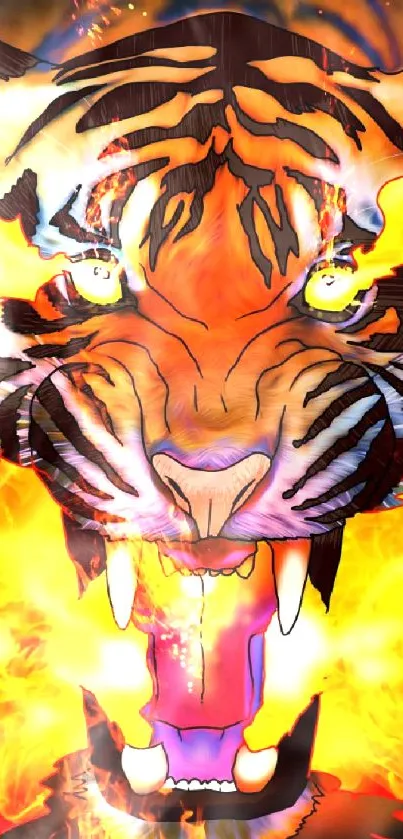 Fierce tiger face emerging from bright fiery flames.