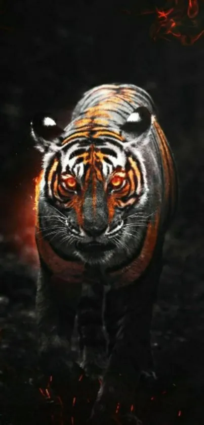 Fierce tiger with glowing flames on a dark background, perfect for mobile wallpaper.