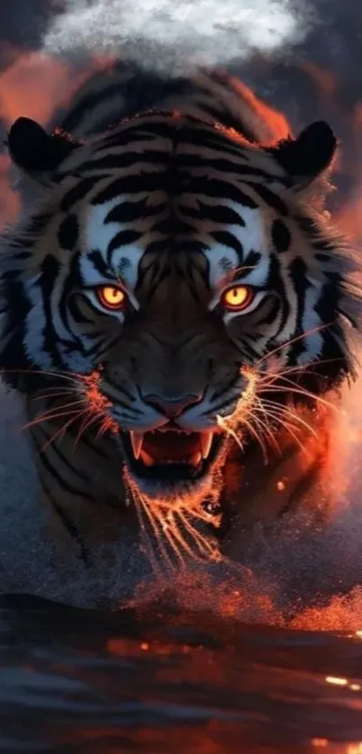 Fiery tiger emerging through flames in dynamic wallpaper.