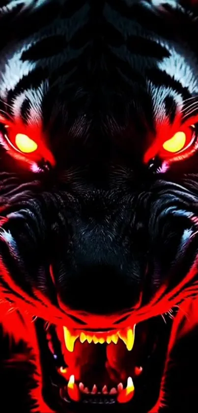 Fierce tiger with glowing red eyes in digital art.