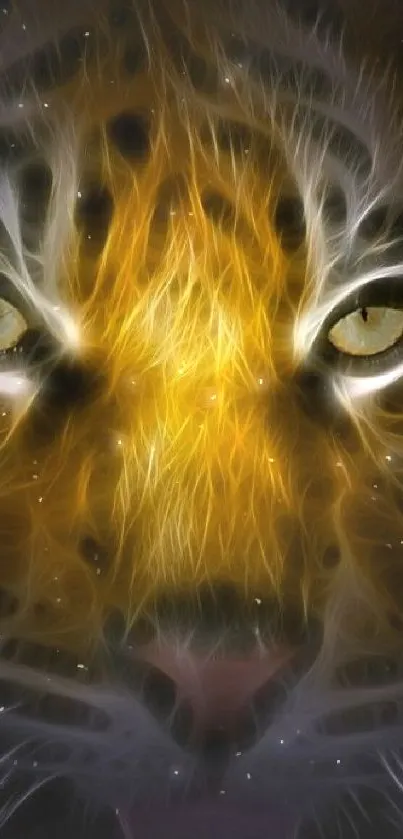 Glowing tiger face against dark background, showcasing vibrant golden hues.