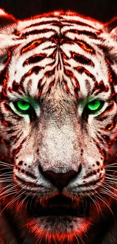 Fierce tiger with glowing green eyes and fiery red stripes