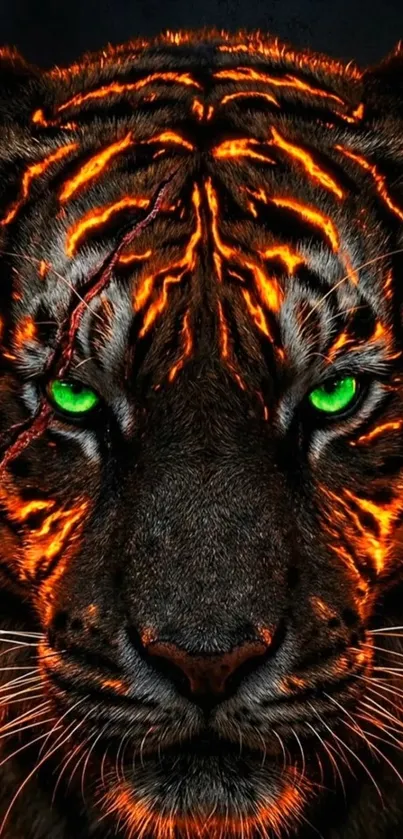 Fierce tiger with glowing green eyes and fiery accents on a dark background.