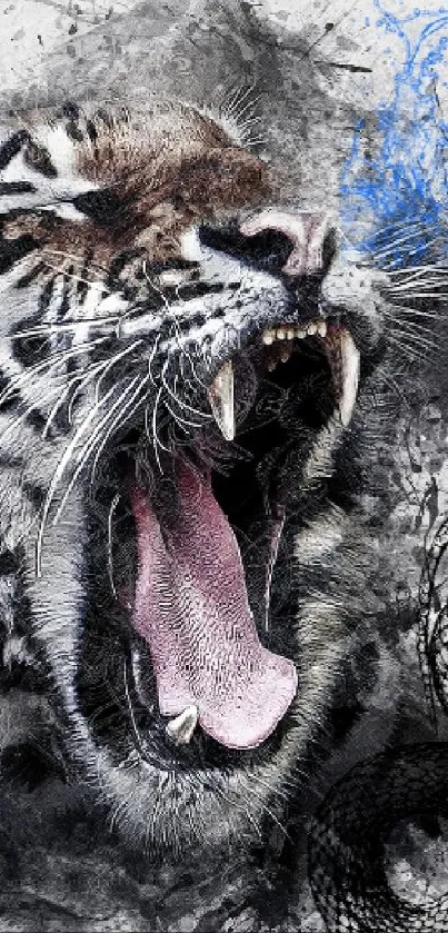 Roaring tiger with snake, skull, and artistic elements in monochrome and blue tones.