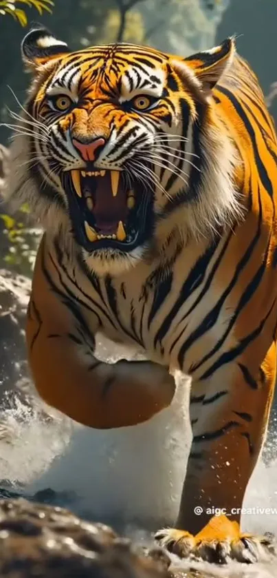 A fierce tiger roaring in a vibrant jungle setting.