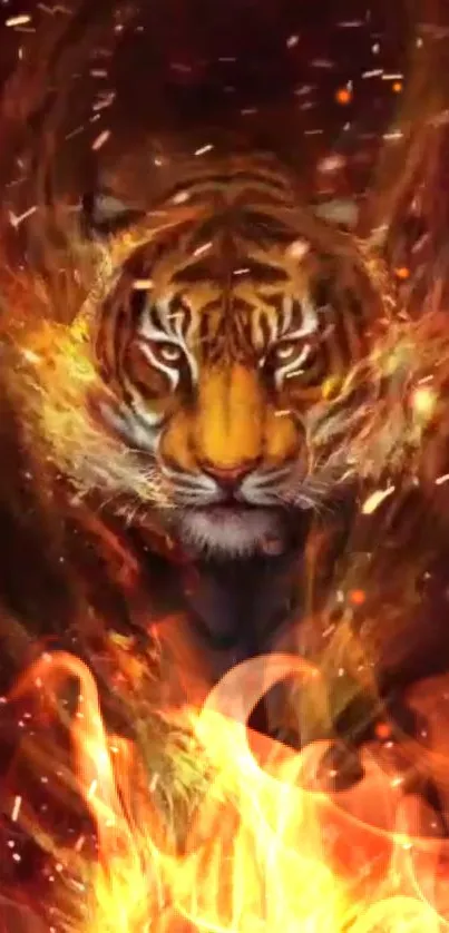 Fierce tiger surrounded by blazing flames.