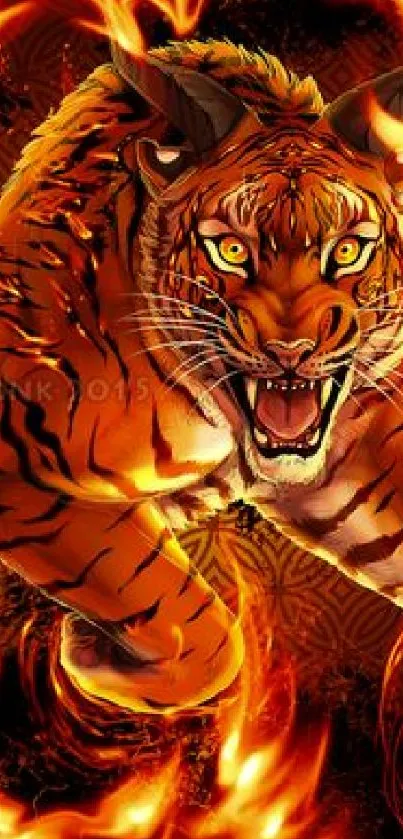 Fierce tiger surrounded by flames, dynamic orange hues.