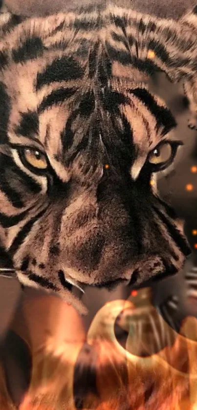 Fierce tiger emerging from flames on mobile wallpaper.