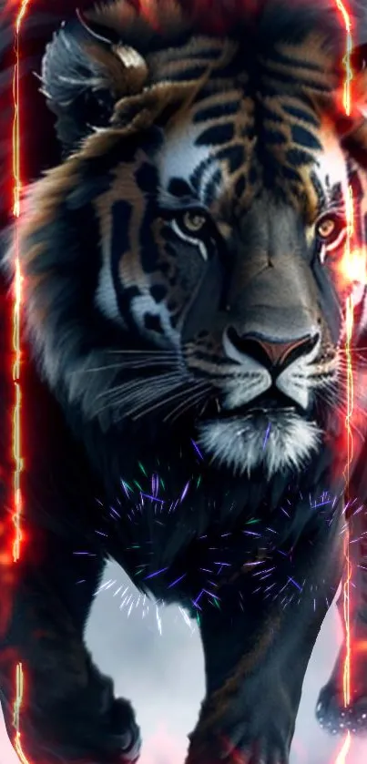 Fierce tiger engulfed in fiery flames, with a powerful and dynamic presence.