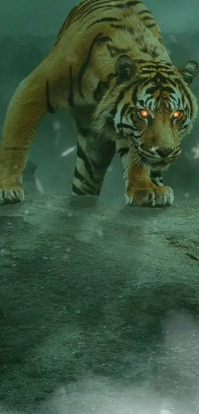 Fierce tiger with glowing eyes in a misty jungle setting for mobile wallpaper.