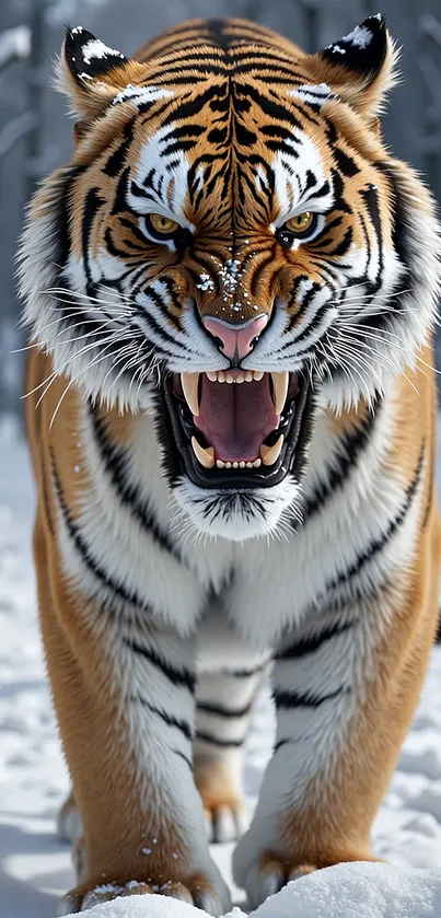 Fierce tiger roaring in a snowy forest, displaying majestic wild beauty.