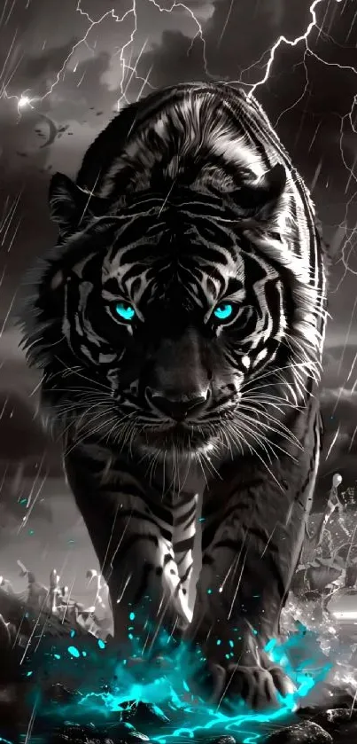 Fierce tiger with electric blue eyes walks in a stormy scene, vivid and dramatic art.