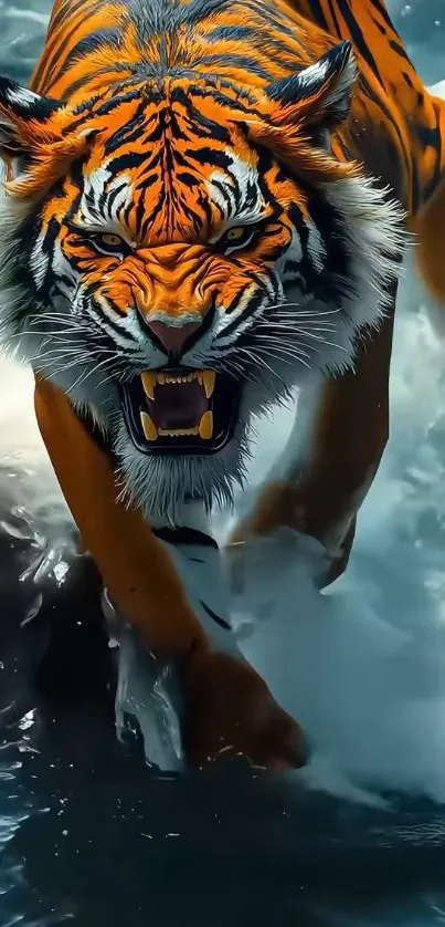 Fierce tiger running through water in dynamic nature scene.