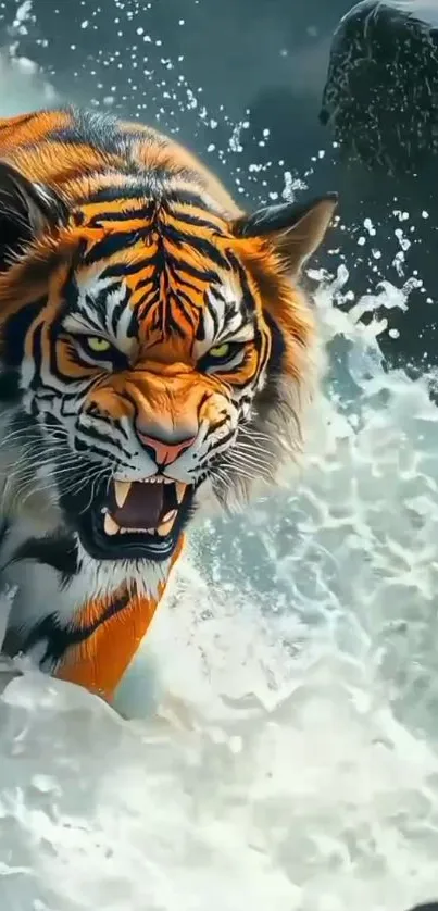 Roaring tiger splashing through ocean waves.